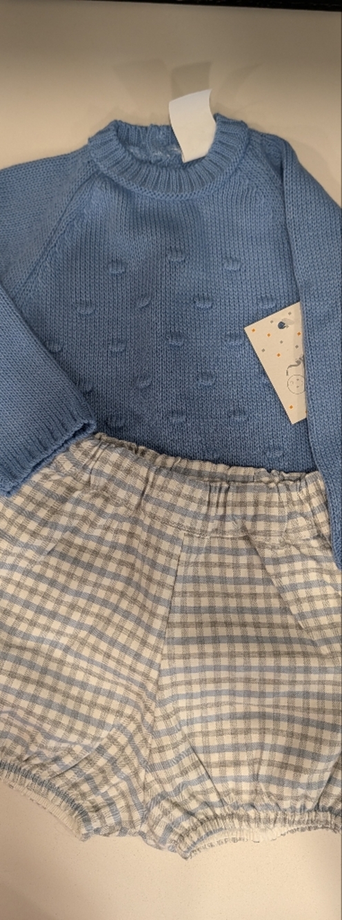 Light Blue Knit Baby Sweater with Checked Shorts